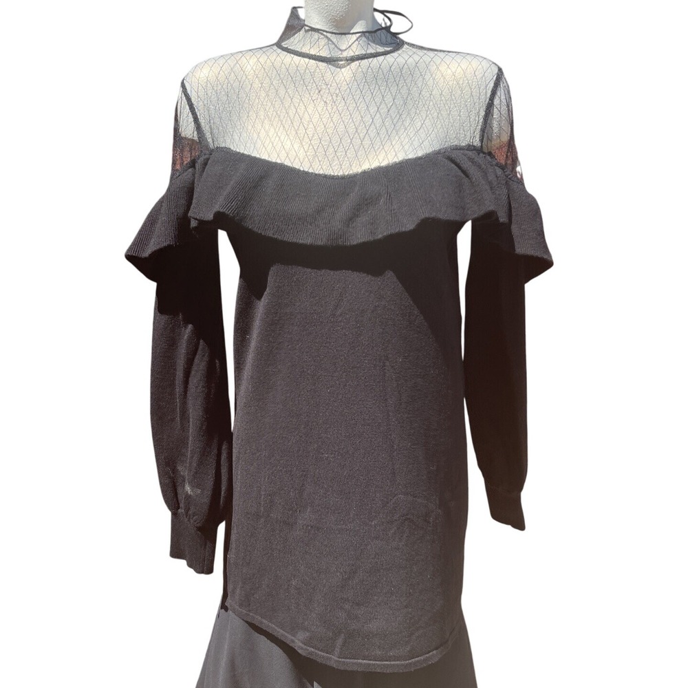 Black Knit Dress Sheer Mesh Mock Neck Long Sleeve Ruffle Cold‎ Shoulder